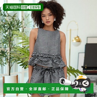 1h可退 香港直邮GANNI 甘尼 女士 褶皱塔夫绸格纹褶边上衣