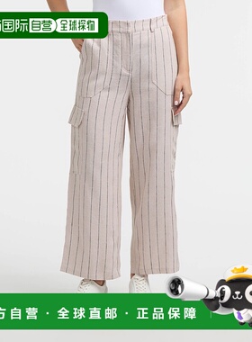 自营Ellen Tracy女式亚麻阔腿长裤-亚麻/黑色条纹 美国奥莱直发