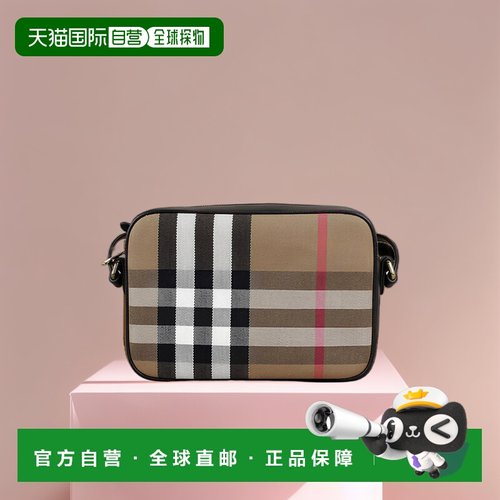 自营欧洲直邮BURBERRY博柏利女士牛皮帆布拼色相机拉链斜挎包
