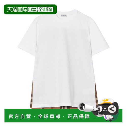 自营欧洲直邮Burberry博柏利 女士白色格纹拼接棉质短袖T恤
