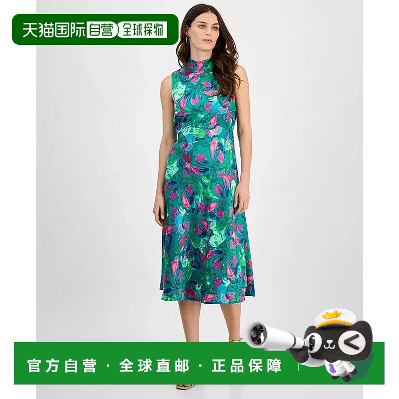 自营Tahari ASL Midi连衣裙女式玉玫瑰印花无袖立领FTS1429-绿色