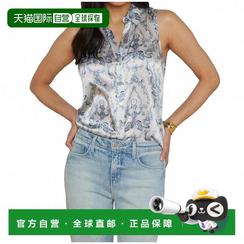 自营 l'agence艾美无袖衬衫复古白蓝卷轴上衣-复古白蓝色卷轴上衣