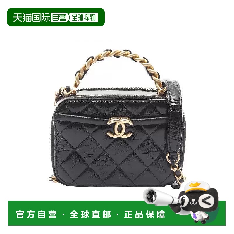 日本直邮中古Chanel香奈儿女包A级95新Vanity化妆包漆皮斜挎包黑