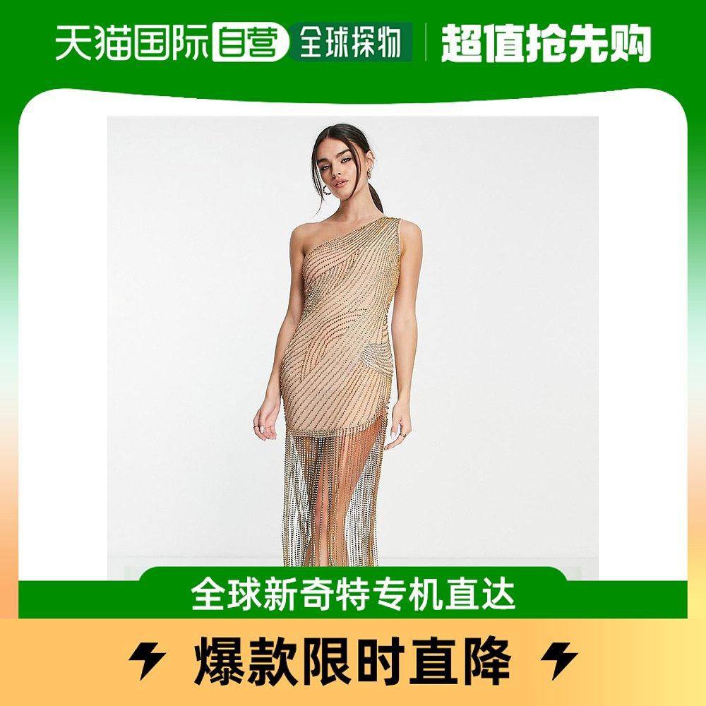 香港直邮潮奢 ASOS 女士设计单肩全精致精饰网纱迷你金色连衣裙