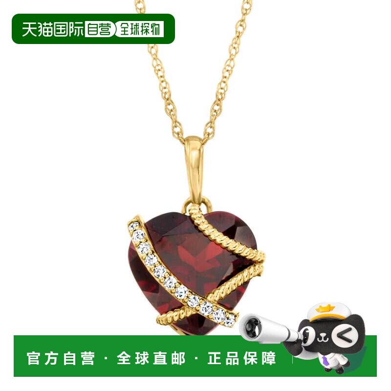 自营Ross-Simons 石榴石心形吊坠项链 14kt 黄金钻石点缀 - 20 英