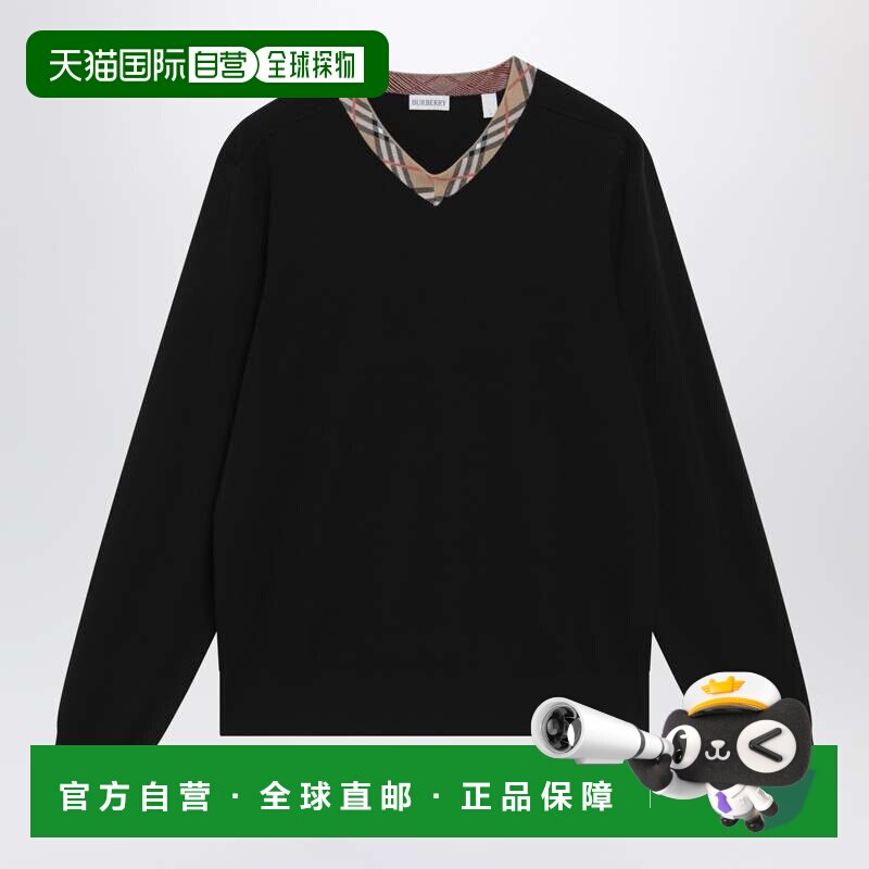 1h可退 香港直邮Burberry 巴宝莉 男士 黑色羊毛格纹图案领圈毛衣