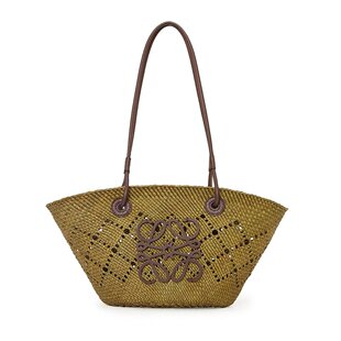 LOEWE/罗意威 女士小号橄榄绿棕榈混牛皮刺绣LOGO篮子手提包