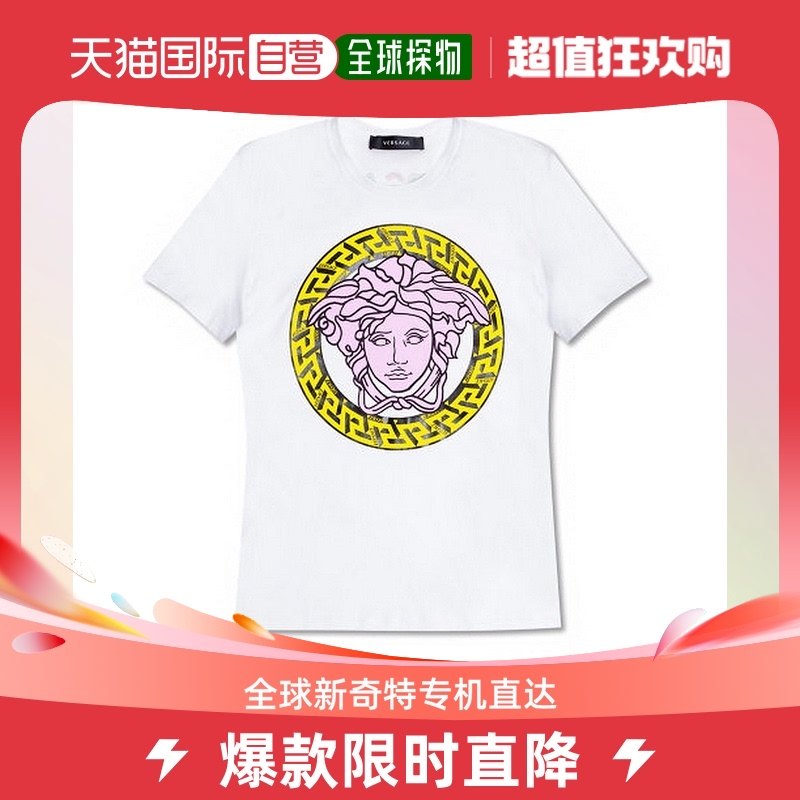 香港直邮VERSACE范思哲/女士白色棉质彩色徽标装饰圆领短袖上衣T1