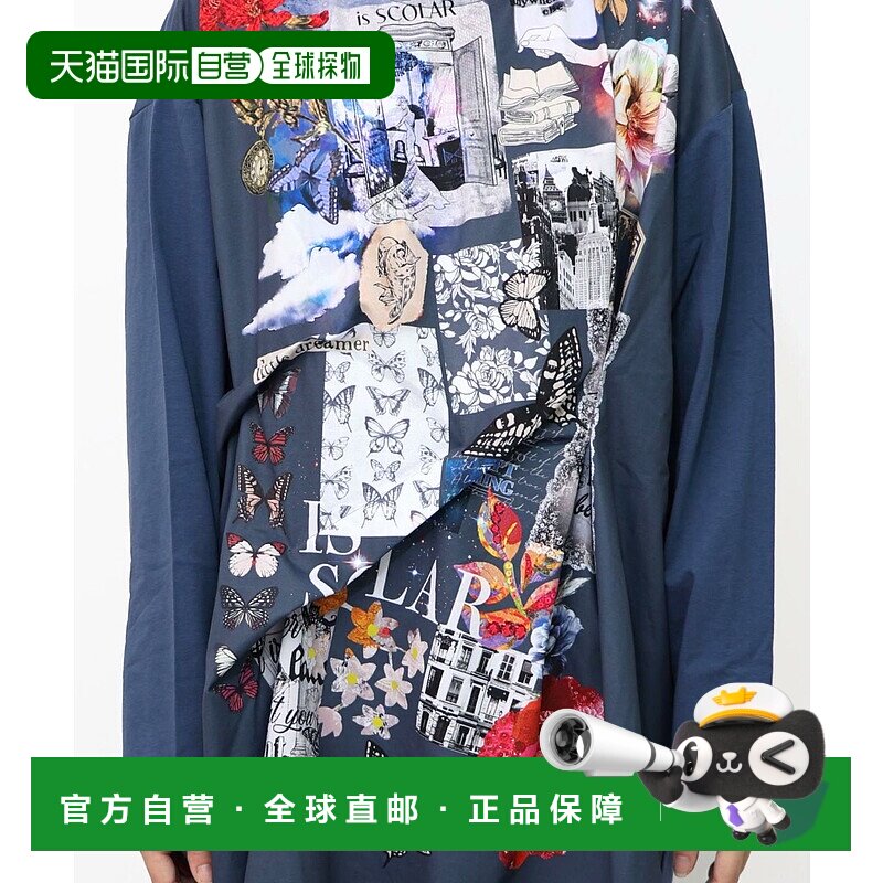 1h可退 日本直邮iS ScoLar 女装 花蝶拼接印花宽松连衣裙 半透中