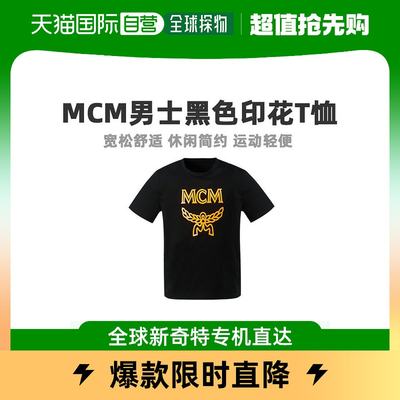 香港直发MCM MEN T SHIRT S 男士黑色霓虹橙色同色徽标印花T恤 MH