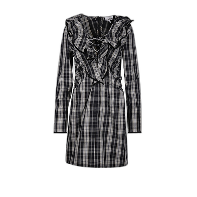 香港直邮GANNI 女士半身裙 F8749099 黑色 荷叶边V领连衣裙