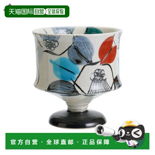 日本直邮九谷烧高脚杯 彩色山茶花 黑色/黑土窑日式餐具玻璃制品