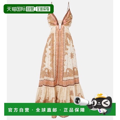 香港直邮ZIMMERMANN 女士 Maxine 佩斯利苎麻中长连衣裙
