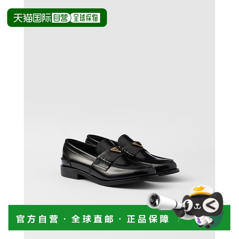 自营欧洲直邮Prada普拉达 女士黑色小牛皮金属三角标识莫卡辛鞋