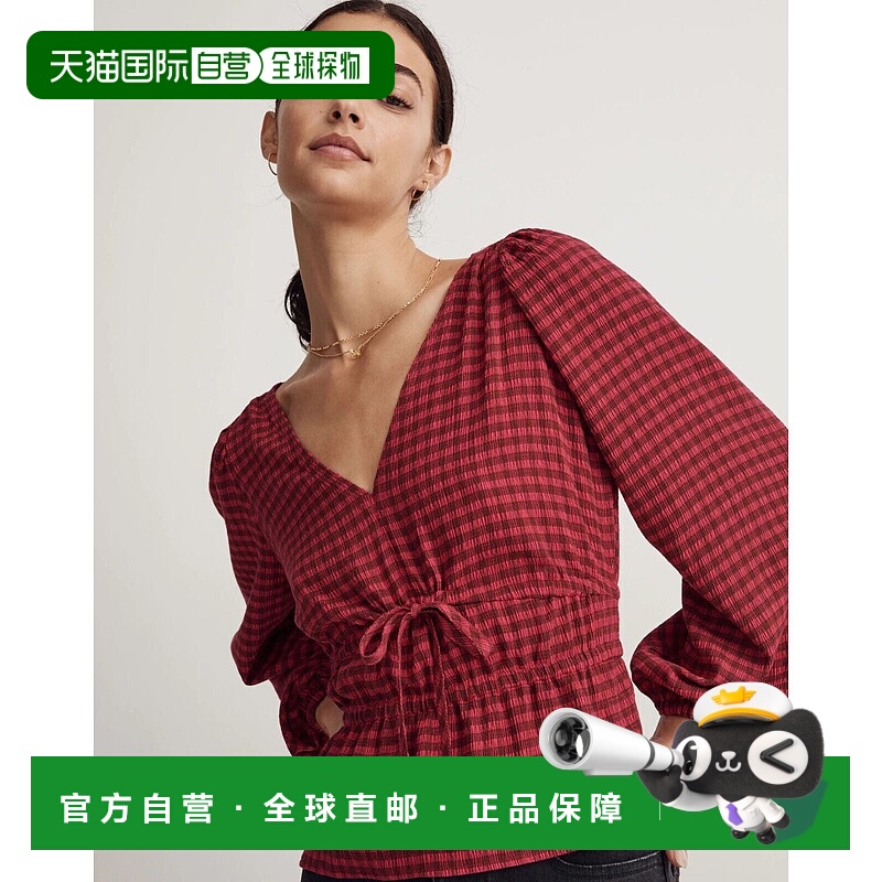 自营 Madewell Saffi Peplum Top Wpmen的褶皱格子弹力烟熏JDM608