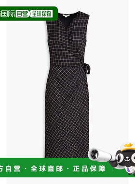 1h可退 香港直邮VINCE 女士 垂褶格纹双绉中长缠绕式连衣裙 V1115