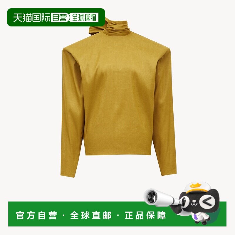 自营欧洲直邮YSL圣罗兰 女士金卡其色丝绸立领长袖上衣蝴蝶结女装