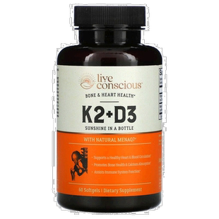 香港直邮Live Conscious,K2 + D3,骨骼和心脏健康,60 粒软凝胶