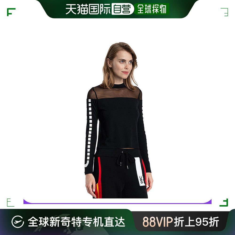 香港直邮DSG#disgusto女士字母LOGO串标T恤衫黑色网纱透视打底衫