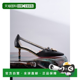 自营GUCCI 尖头 黑色牛皮蝴蝶扣竹节高跟鞋 女鞋