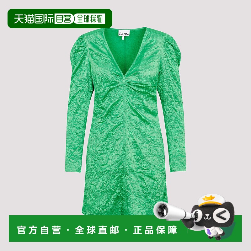 香港直邮GANNI 女士半身裙 F7861767 AW2023 绿色 V领长袖连衣裙