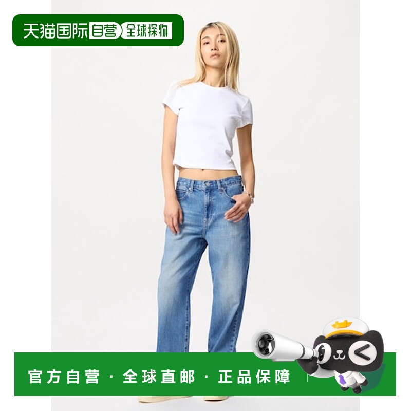 日潮跑腿UNIQLO优衣库25女裤宽松直筒水洗牛仔裤高腰阔腿裤474934