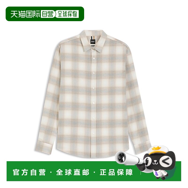 自营bossSlim-fit shirt in checked cotton flannel - white 美