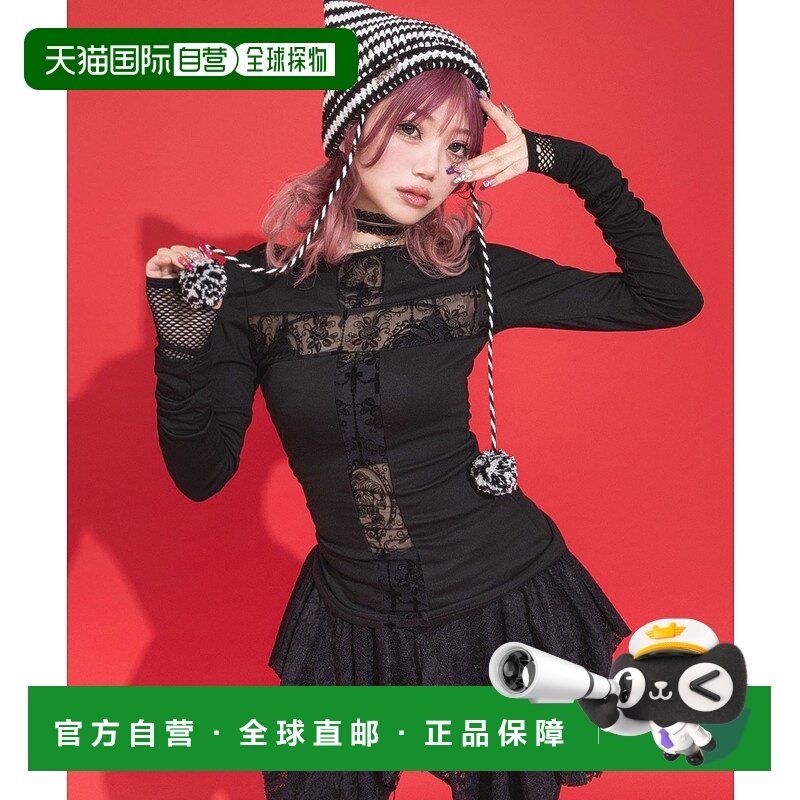 日本直邮Diable baiser 女士骷髅花边透视十字架长袖T恤 535330