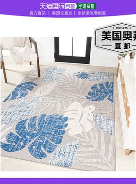 jonathan y 龟背竹热带叶高低室内/室外浅灰色/海军区域地毯 - 浅