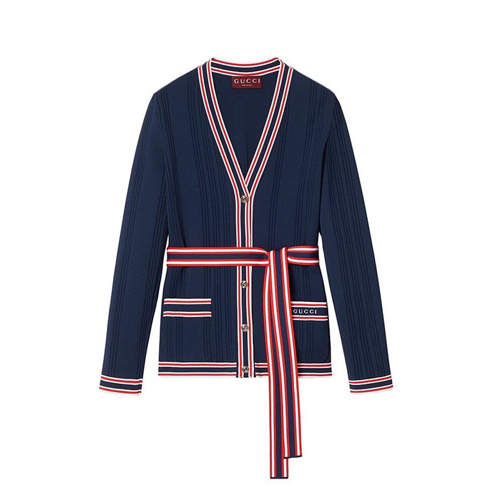 GUCCI/古驰24新款 女士海军蓝粘胶红白条纹系带针织开衫
