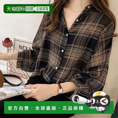 日本直邮JUNOAH 宽松袖格纹雪纺衬衫 [AM5609EW01219]内搭