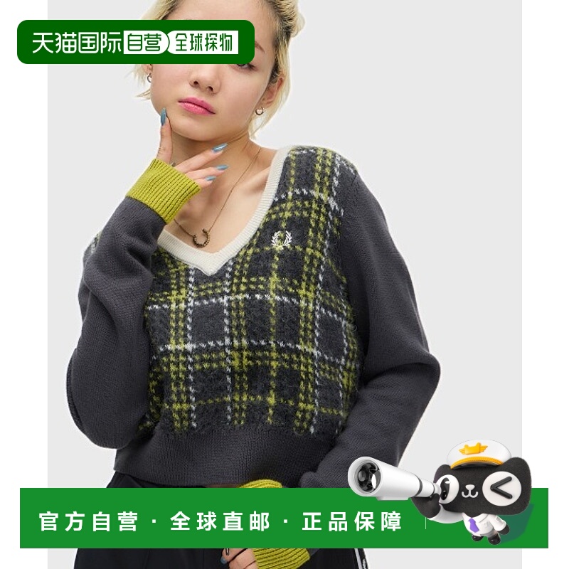 1h可退 日本直邮FRED PERRY 女装 V领拼接羊驼毛混纺格纹针织衫 K