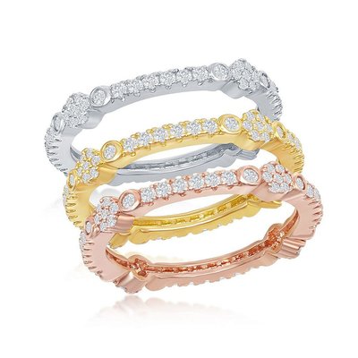 【美国奥莱】直发 simona 纯银三色 CZ 设计永恒三环戒指 - 三色