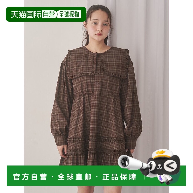 1h可退 日本直邮merry jenny 女装 格纹方领迷你连衣裙 宽松可调