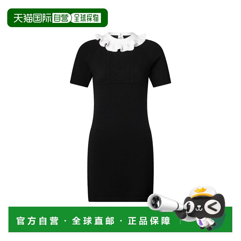 自营欧洲直邮LV路易威登 女士黑色羊毛荷叶边领短袖连衣裙包臀裙 - 实物图