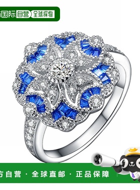 自营 GENEVIVE 纯银蓝宝石立方氧化锆花卉鸡尾酒戒指 - 蓝色 美国