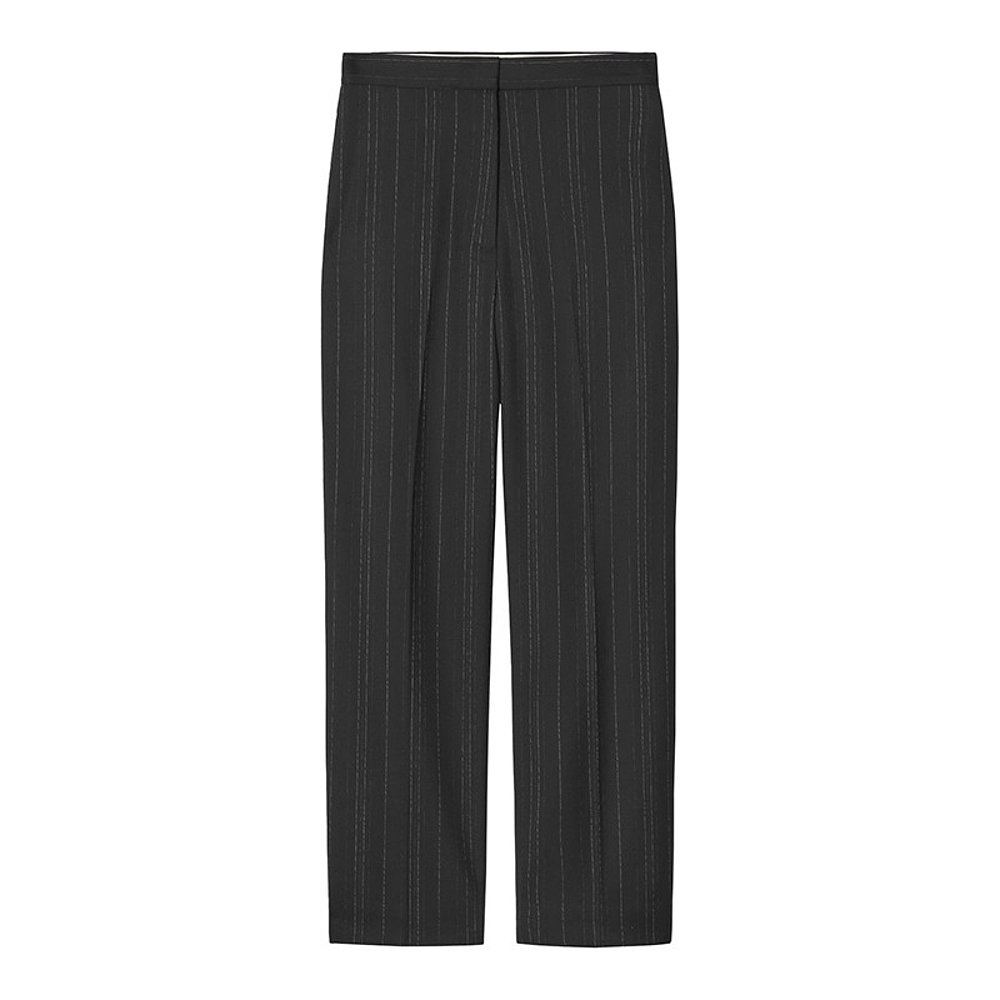 COS 24新款 女士黑色羊毛混纺钩扣拉链开合条纹桶形休闲裤