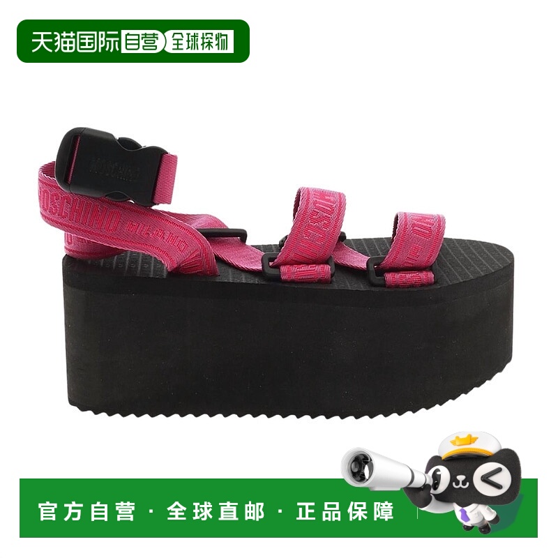 自营moschinoWomen's Logo Tape Wedge Sandals In Pink&black -