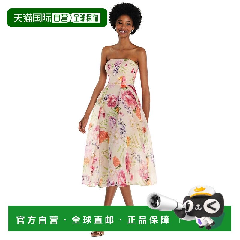 自营alfred sung无肩带粉色花卉硬纱中长连衣裙 - 佩内洛普花卉印图片