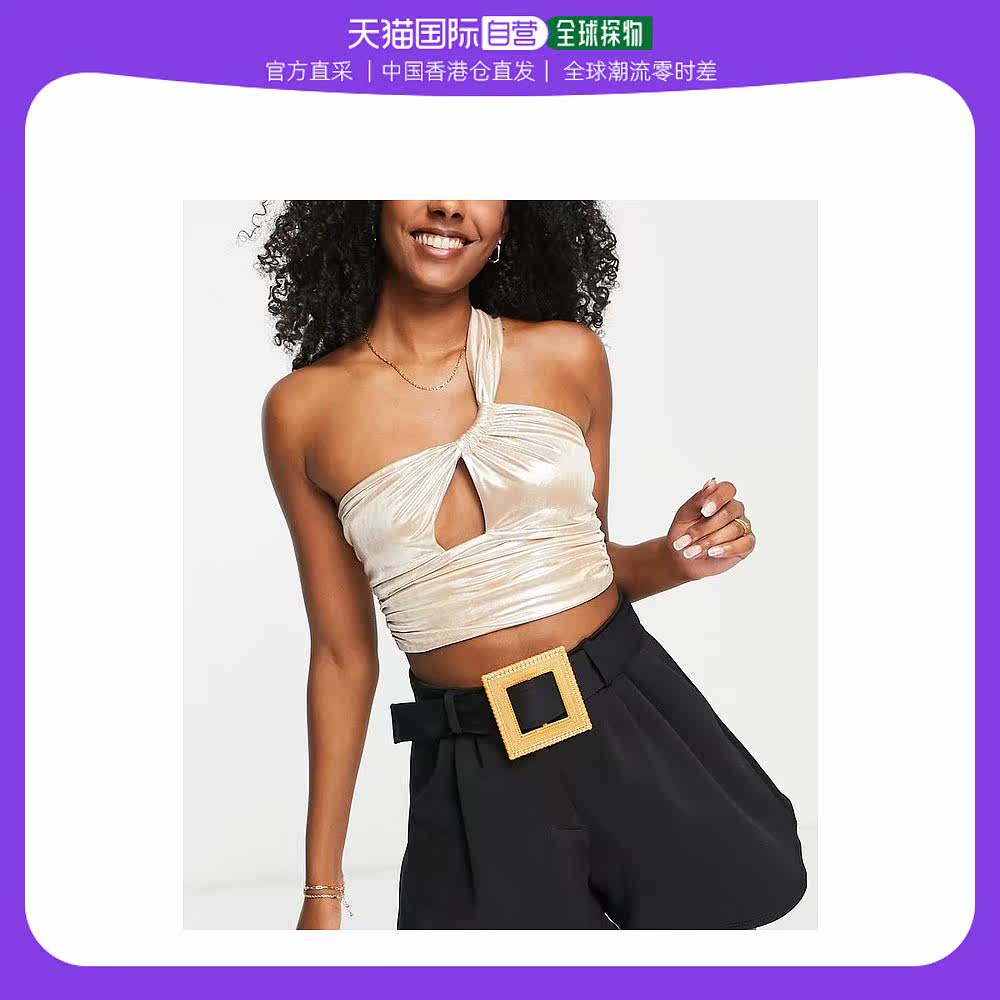 香港直邮潮奢 ASOS 女士设计金属感单肩短款金色上衣