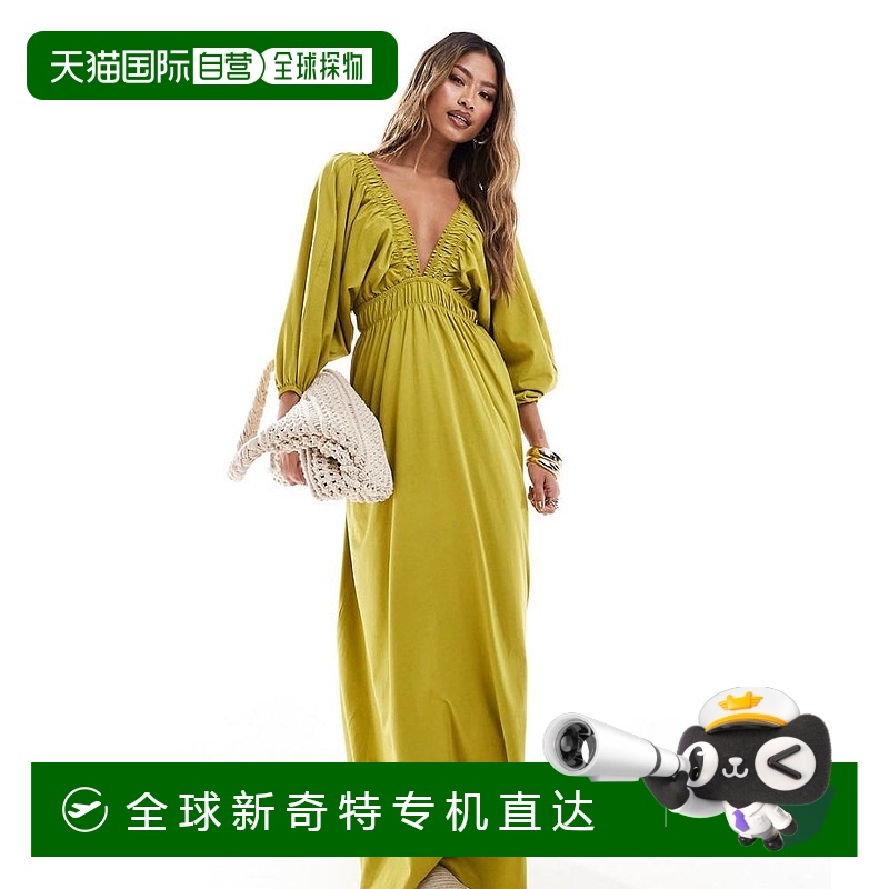 香港直邮潮奢 ASOS 女士 设计深V松紧带茶色褶皱束腰橄榄绿绿色中