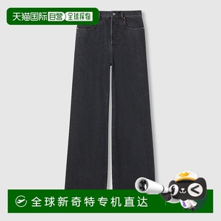 歐洲直郵Gucci 女士黑色棉logo標(biāo)識(shí)紅色皮革標(biāo)簽闊腿牛仔褲 古馳