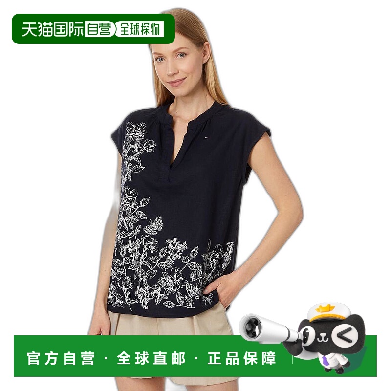 【美国直邮】tommy hilfiger 女士 衬衫蝴蝶结短袖套头印花
