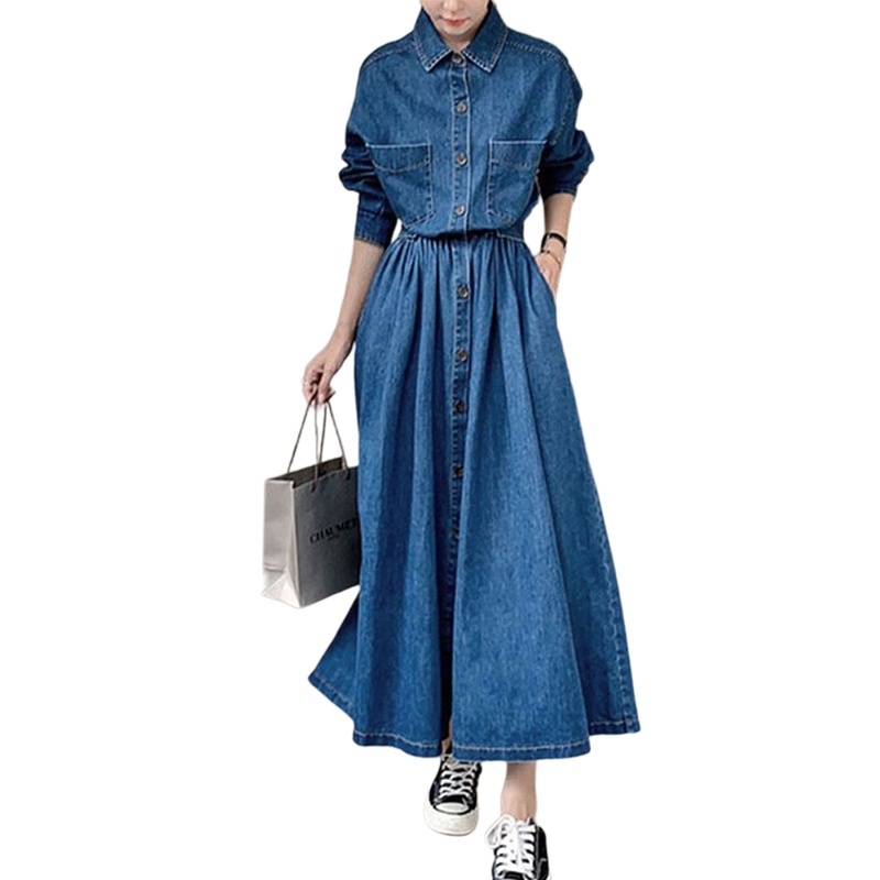 【日本直邮】 privatebeach春季牛仔衬衫长袖连衣裙收腰长裙夏