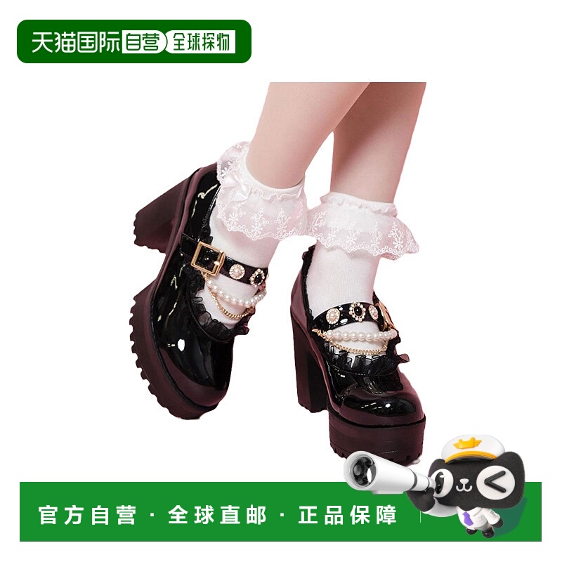 【日本直邮】rojita女士浅口鞋洛丽塔粗高跟链条花边烫钻装饰女鞋