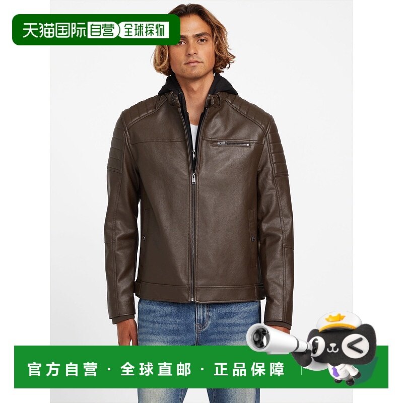 自营guessDanilo Faux皮革连帽摩托车夹克-可可豆 美国奥莱直发