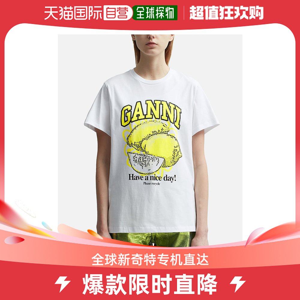香港直邮潮奢 GANNI 女士白色宽松柠檬黄T恤