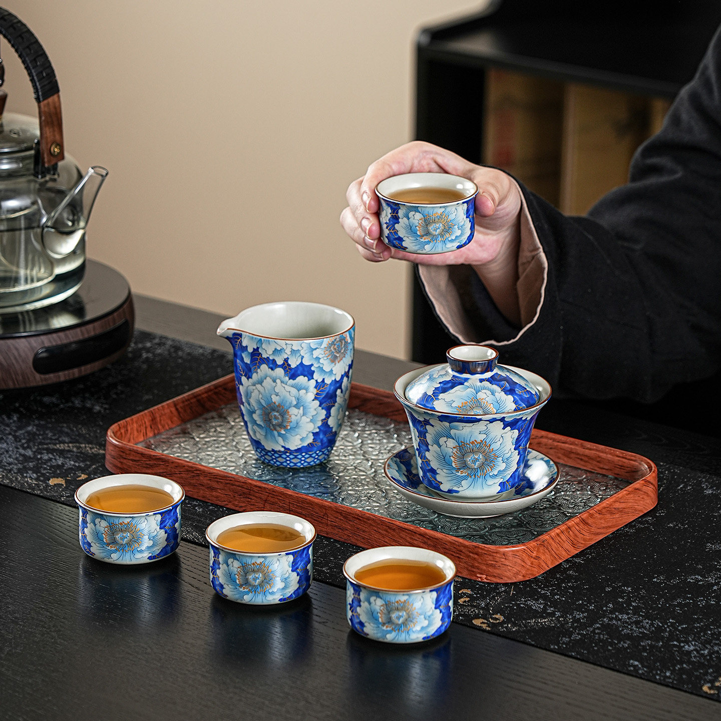 青花汝窑盖碗茶具套装中式高颜值轻奢功夫泡茶碗茶杯整套干泡茶台