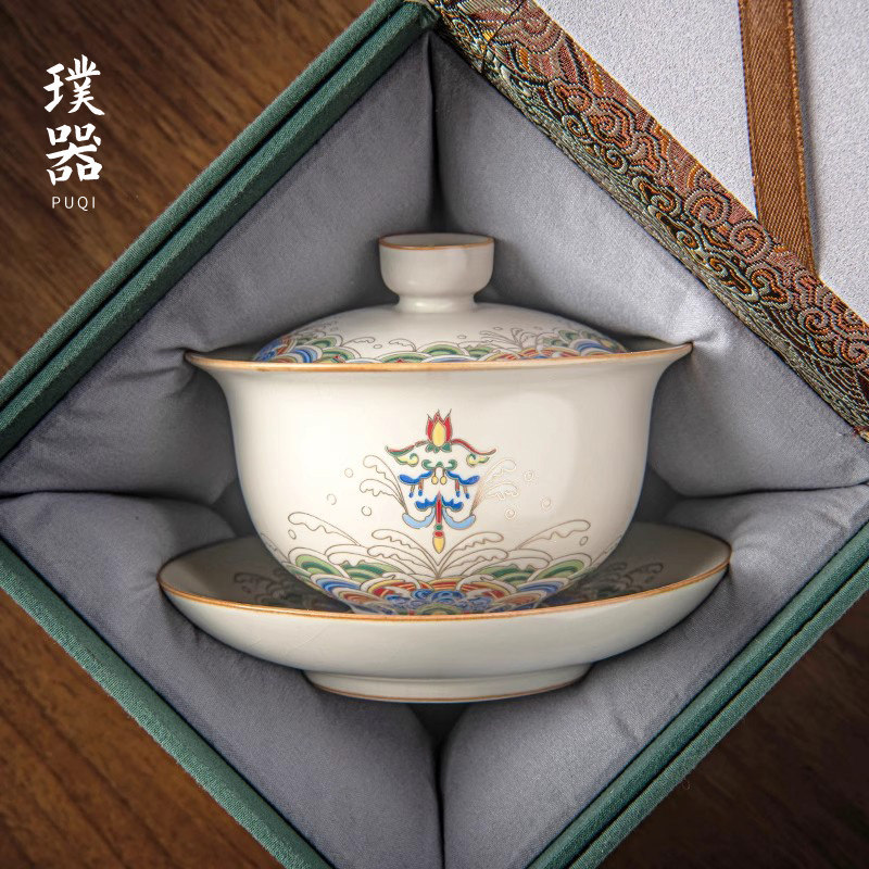汝窑三才盖碗功夫茶具单个高档防烫中式家用陶瓷茶碗带盖子泡茶茶