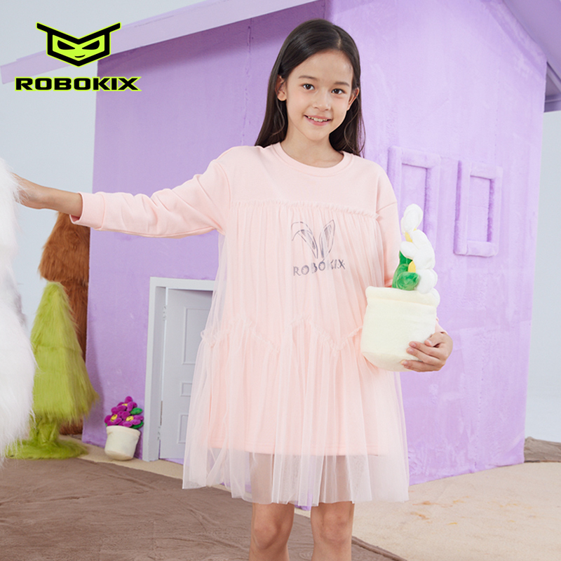 卫衣裙拼接薄纱兔耳朵图案连衣裙